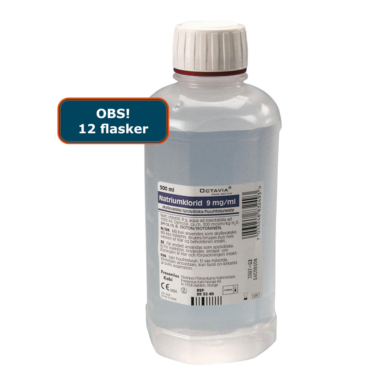 Natriumklorid 0,9% sterilt saltvand, flasker 12 x 500 ml